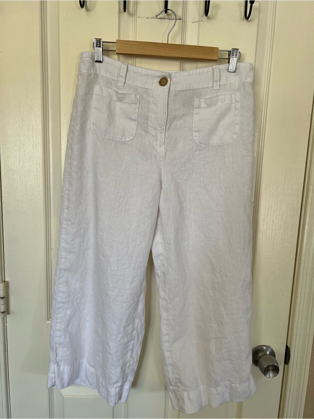 Talbots 10P White 100% Linen Cropped Wide Leg Pants Patch Pockets